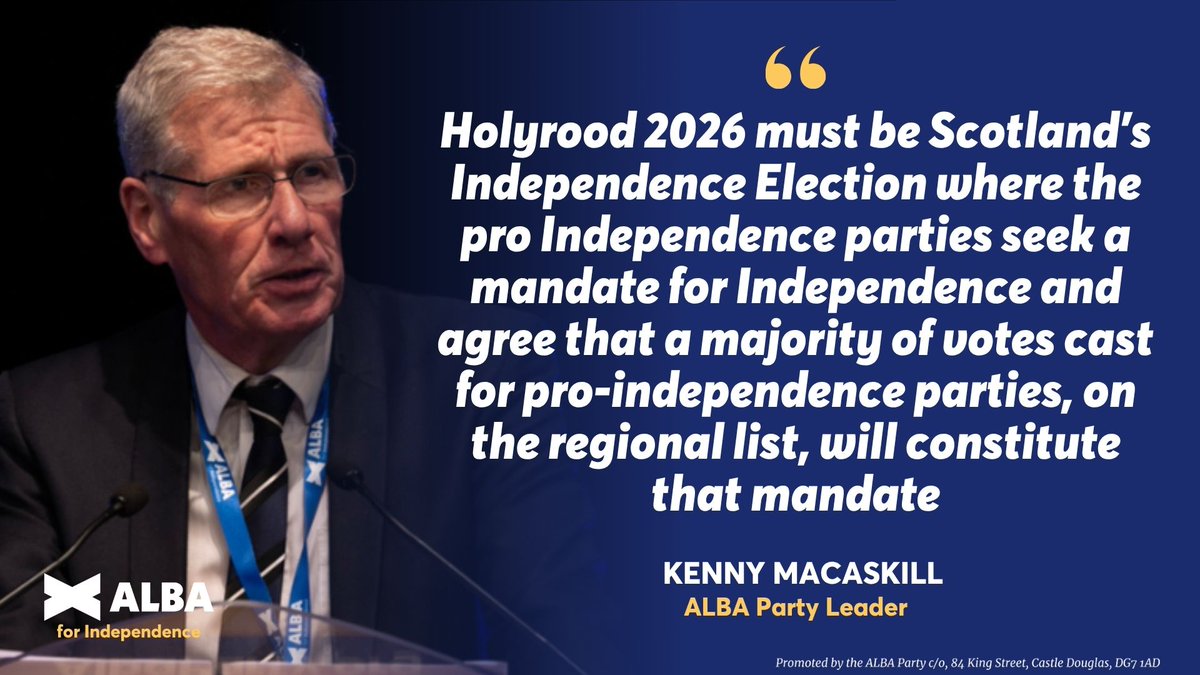 Holyrood 2026 must be the independence election.

A majority of votes cast for pro-independence parties on the Regional List would serve as our Declaration of Independence.

#ListVoteALBA