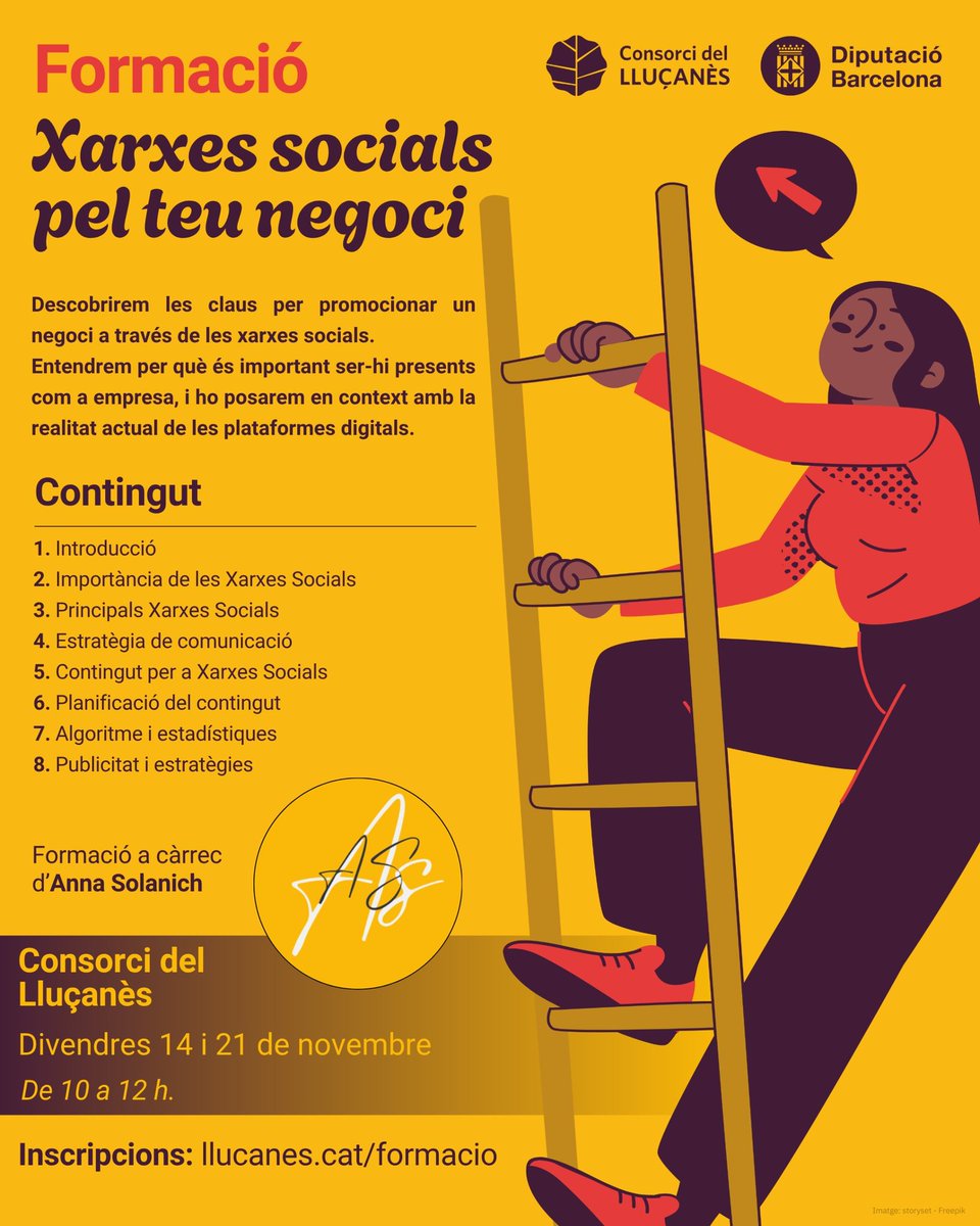 🤝 Les xarxes socials poden ser el millor aparador pel teu negoci!

📲 Aprèn a utilitzar-les amb la formació “Xarxes socials pel teu negoci”. 

👩‍🏫 Formadora: Anna Solanich (<a href="/asolanich/">Anna Solanich</a>)
🗓️ 14 i 21 de novembre
🕙 De 10 a 12 h
📍 Consorci del Lluçanès

📝🔗 llucanes.cat/formacio