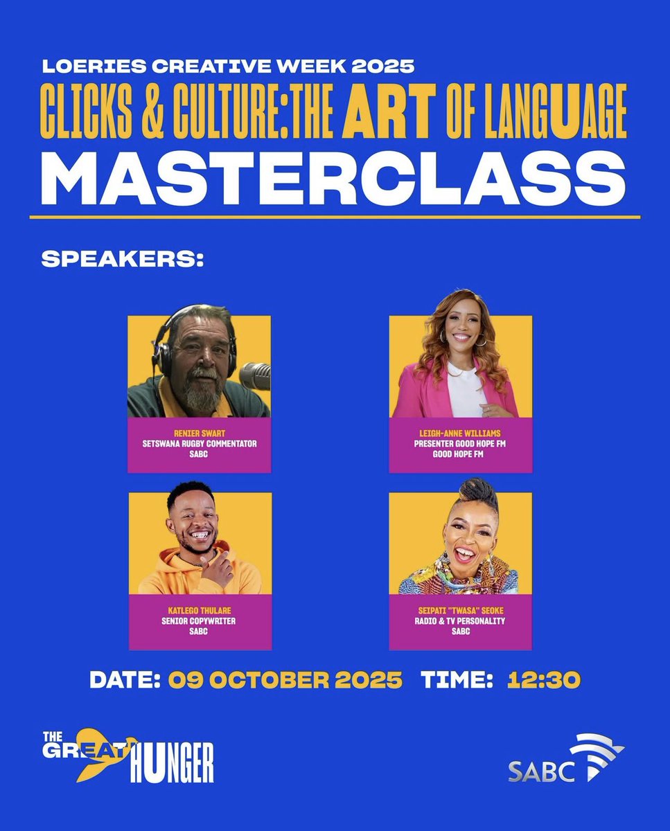 SABCPortal's tweet image. We’re live at the #Loeries2025 Masterclass: Clicks &amp;amp; Culture – The Art of Language.

From brand expression to cultural connection, we’re decoding how language drives creativity.

#Loeries2025 #TheGreatHunger #LoeriesOfficialSponsor #SABC #LoeriesCreativeWeek2025 @loeries