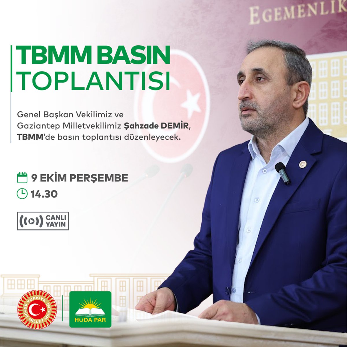 Genel Başkan Vekilimiz ve Gaziantep Milletvekilimiz Şahzade Demir, bugün saat 14.30’da TBMM’de basın toplantısı düzenleyecektir.