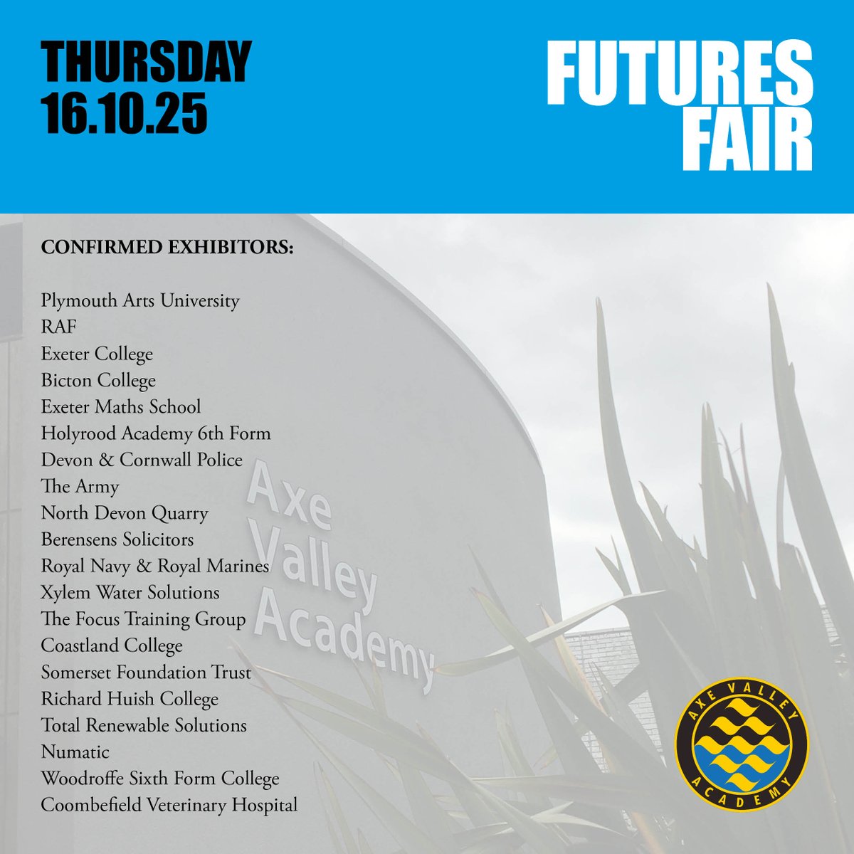 NEXT THURSDAY <a href="/AxeAcademy/">Axe Valley Academy</a>  will host our Futures Fair in the Main Hall. It is not often that such an opportunity arises so please do make the most of this chance. #weareava #everythingforeveryone