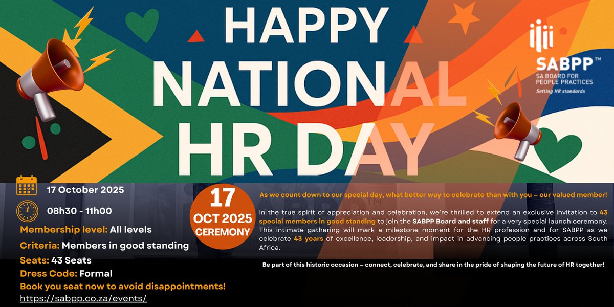 SABPP1's tweet photo. ** Upcoming National HR Day **

Celebrating National HR Day on 18 October 2025!

17 October 2025 | Ceremony 
08h30 to 11h00
Only 43 seats are available!

Book now https://t.co/78kQH4oKPs

#HRDay #Countdown https://t.co/Zev3es0Zxo
