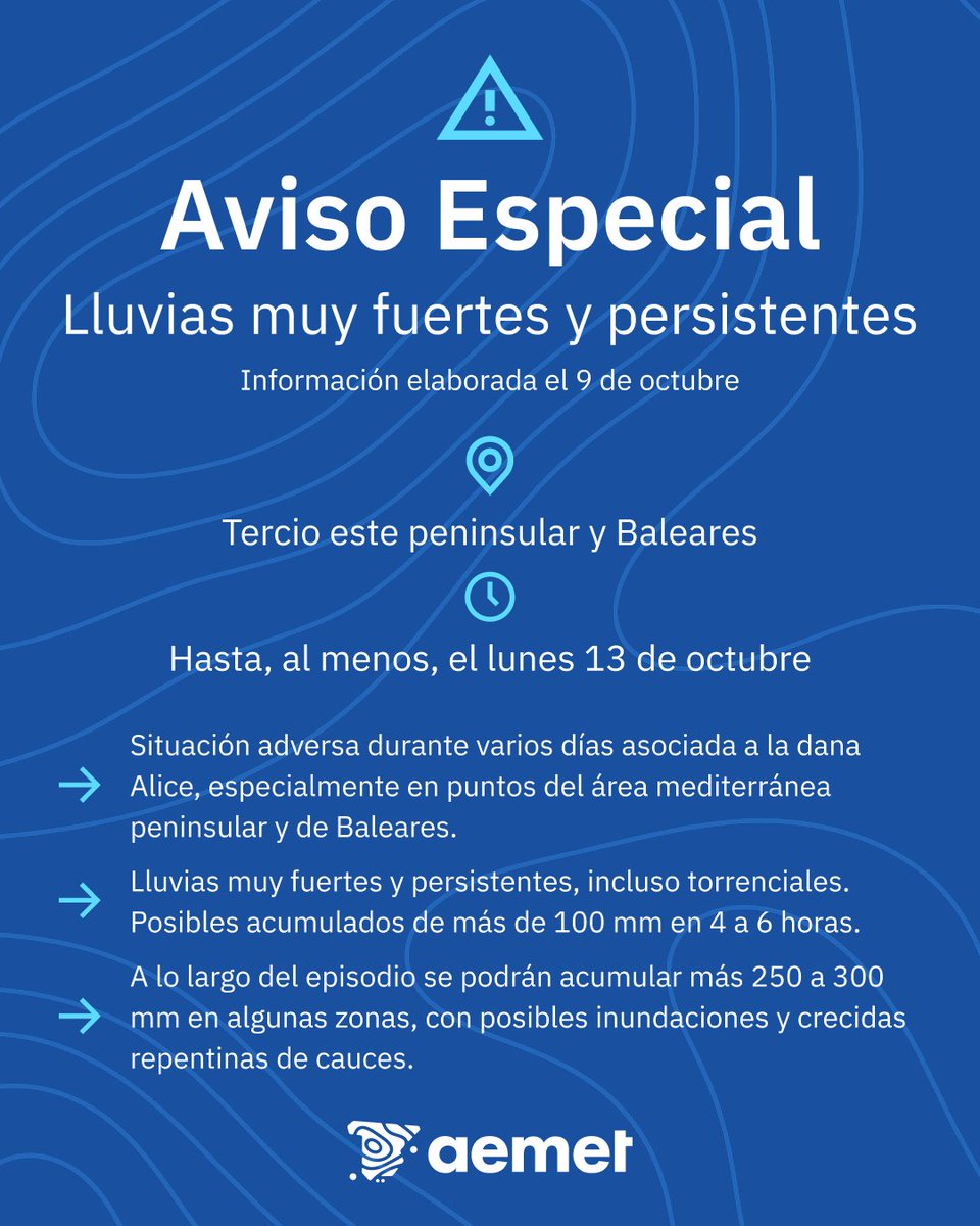 ⚠️AVISO ESPECIAL | Lluvias muy fuertes y persistentes en el tercio este peninsular y Baleares.

➡️En puntos del área mediterránea las lluvias podrán ser torrenciales, con posibles inundaciones y crecidas súbitas. Extrema las precauciones.

+ info 👉
aemet.es/es/eltiempo/pr…