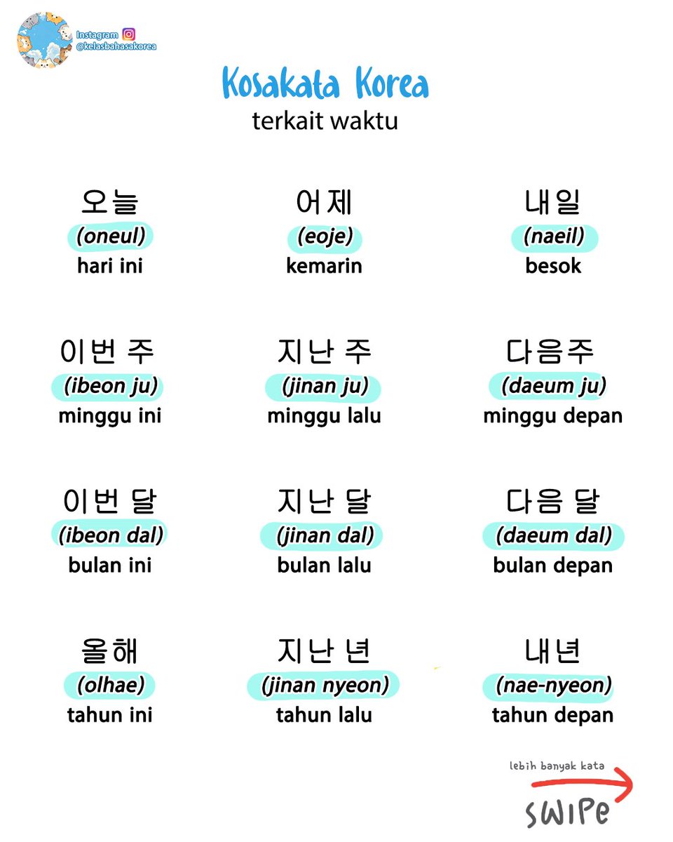 kelasbhskorea's tweet photo. Kosakata 'waktu' di bahasa Korea🇰🇷
.
all right reserved to their respective owners©.
.
#bahasakorea #belajarbahasakorea #hangeul #kelasbahasakorea #bakor #lesbahasakorea #KosakataKorea #BahasaKoreaSeharihari #bahasakoreamudah #bahasakoreadasar #tatabahasakorea https://t.co/u2oXCJeF7E