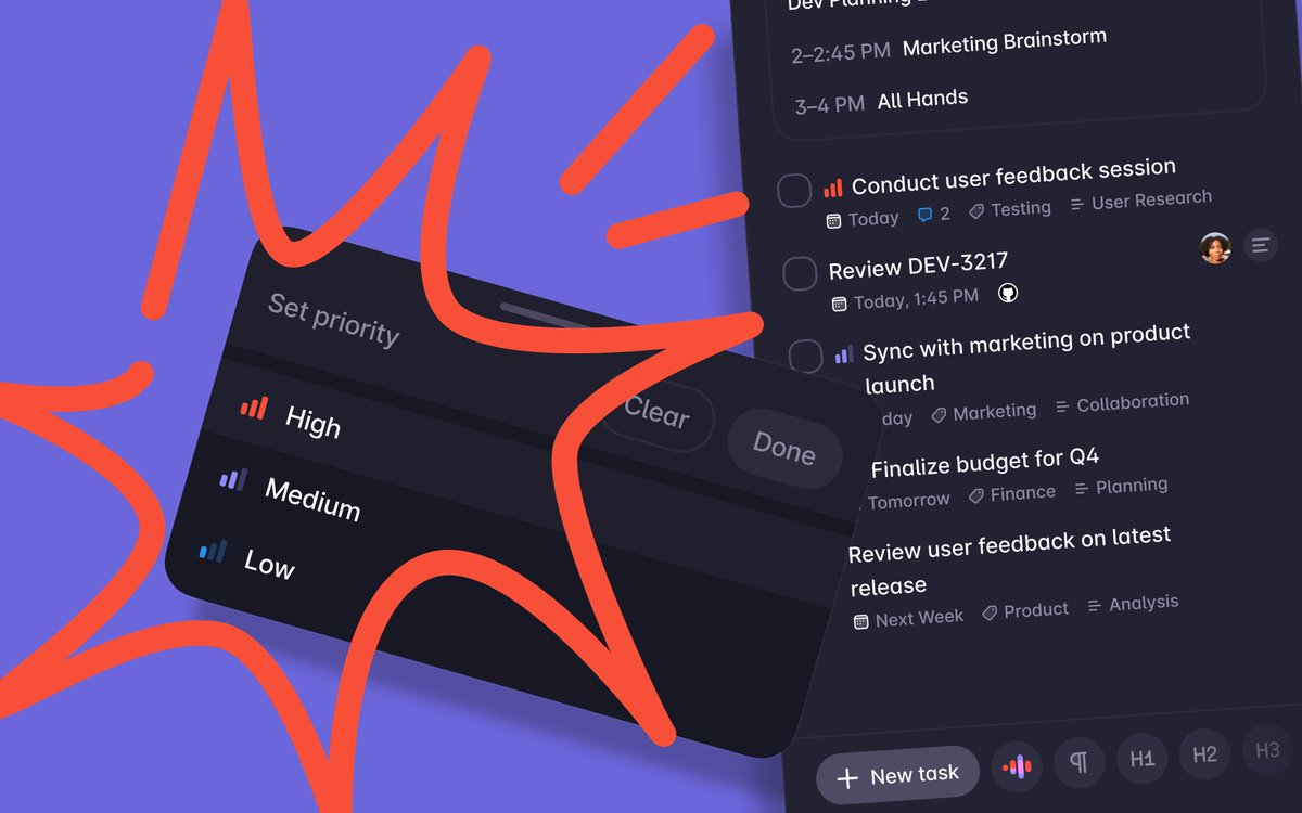 One of the most requested Superlist features has just landed: Priorities for tasks.

You can now mark items as high, medium, or low priority and sort your Inbox or Today view to see what really needs your attention first.