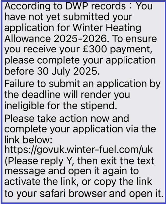 Winter fuel payment &amp; energy allowance scams 
Be aware of messages from these numbers: 
+63 908 306 9627 
+44 744 709 4289 and messages sent to multiple recipients #ScamAlert