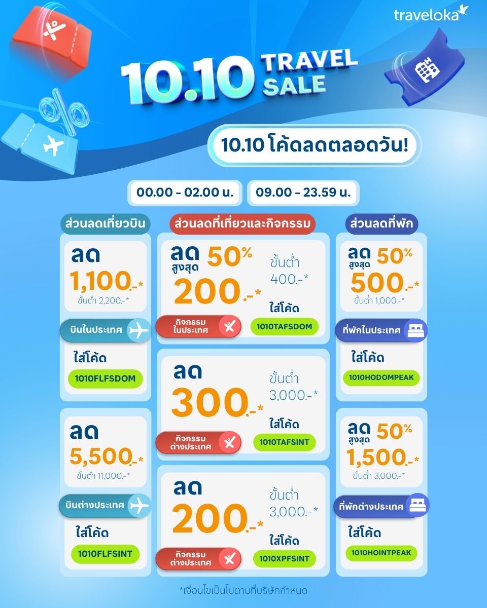 🤳🏼เซฟโค้ดไว้ใช้เลย พรุ่งนี้ 10.10 Travel Sale ลดแรง 50%* ตลอดทั้งวัน!💥 
.
🚨 วันที่  10 ต.ค. 68 
🤳 ทางไปจอง traveloka.onelink.me/OzTp/XM1010Tra…
.
#1010TravelokaSale #เที่ยวปลายปีต้องTraveloka #TravelokaTH #ครบจบในแอปเดียว #จองง่ายวางใจทุกการเดินทาง