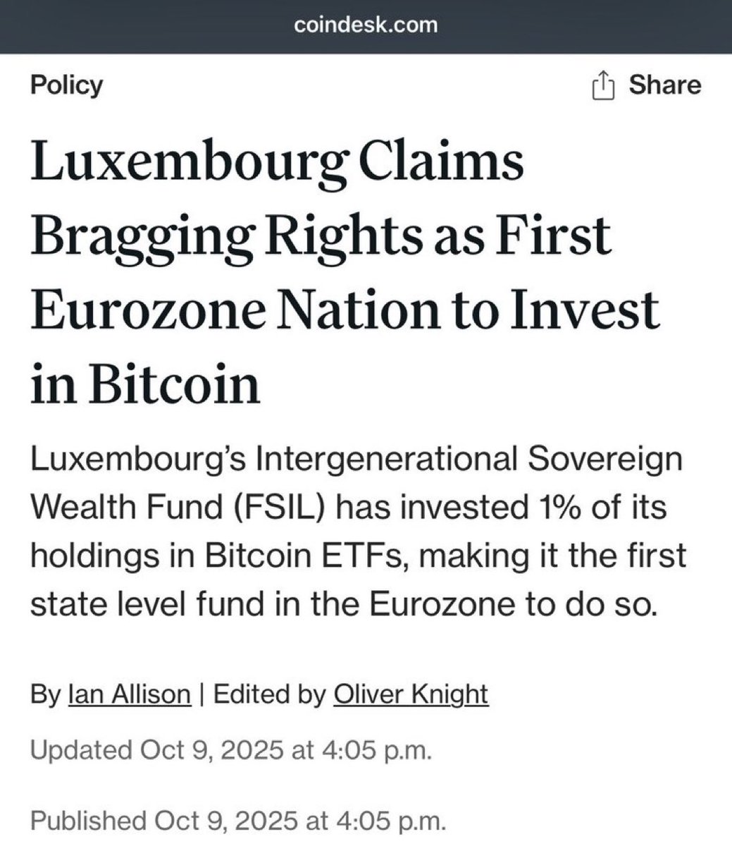 BREAKING: Bitcoin adaption continues! First sovereign wealth fund of the  Eurozone invests in Bitcoin The Luxembourg sovereign wealth fund has  invested 1% of its portfolio in Bitcoin ETFs, making it the first