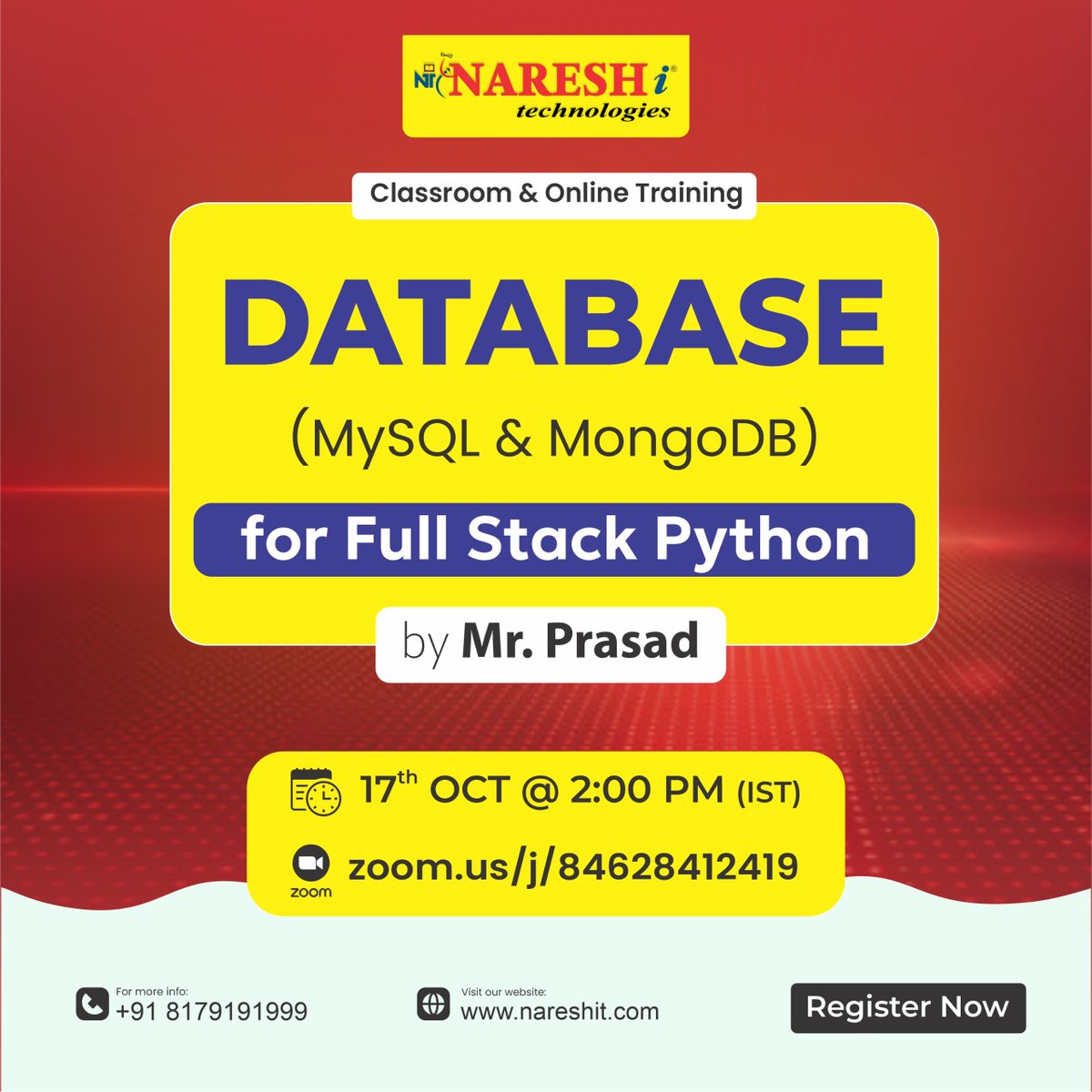 nareshitech's tweet image. 📊 Master Databases for Full Stack Python!
🎟️ Register Now: t.ly/DatabasePY
👨🏫 Trainer: Mr. Prasad
🗓️ Starts: 17th Oct 2025 | 2:00 PM IST
#DatabaseTraining #FullStackprojects #AdvancedDatabase #DatabaseManagement