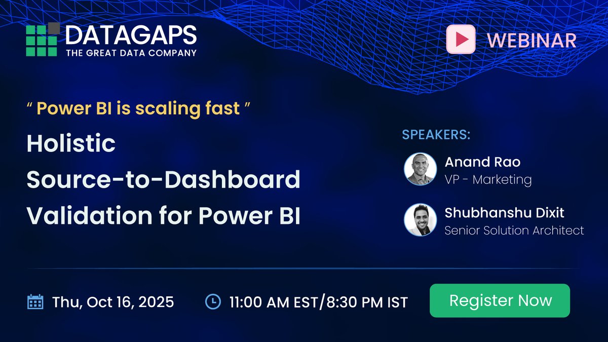 DatagapsTeam's tweet image. Microsoft reports that over 400k organisations use it globally. Discover how to automate end-to-end validation — from source to visuals to security — with @DatagapsTeam #BIvalidator. hubs.ly/Q03MJFCL0
#TestingAutomation #PowerB #BITrust #DataTrust