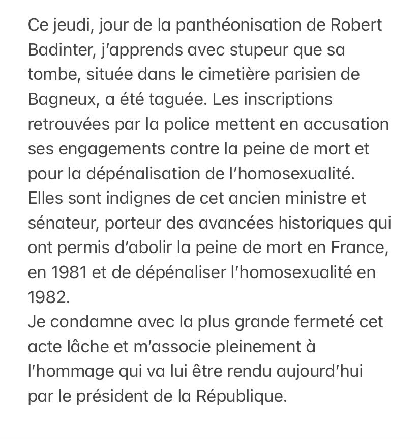 Des inscriptions odieuses sur la tombe de Robert Badinter au cimetière parisien de Bagneux, ma déclaration
