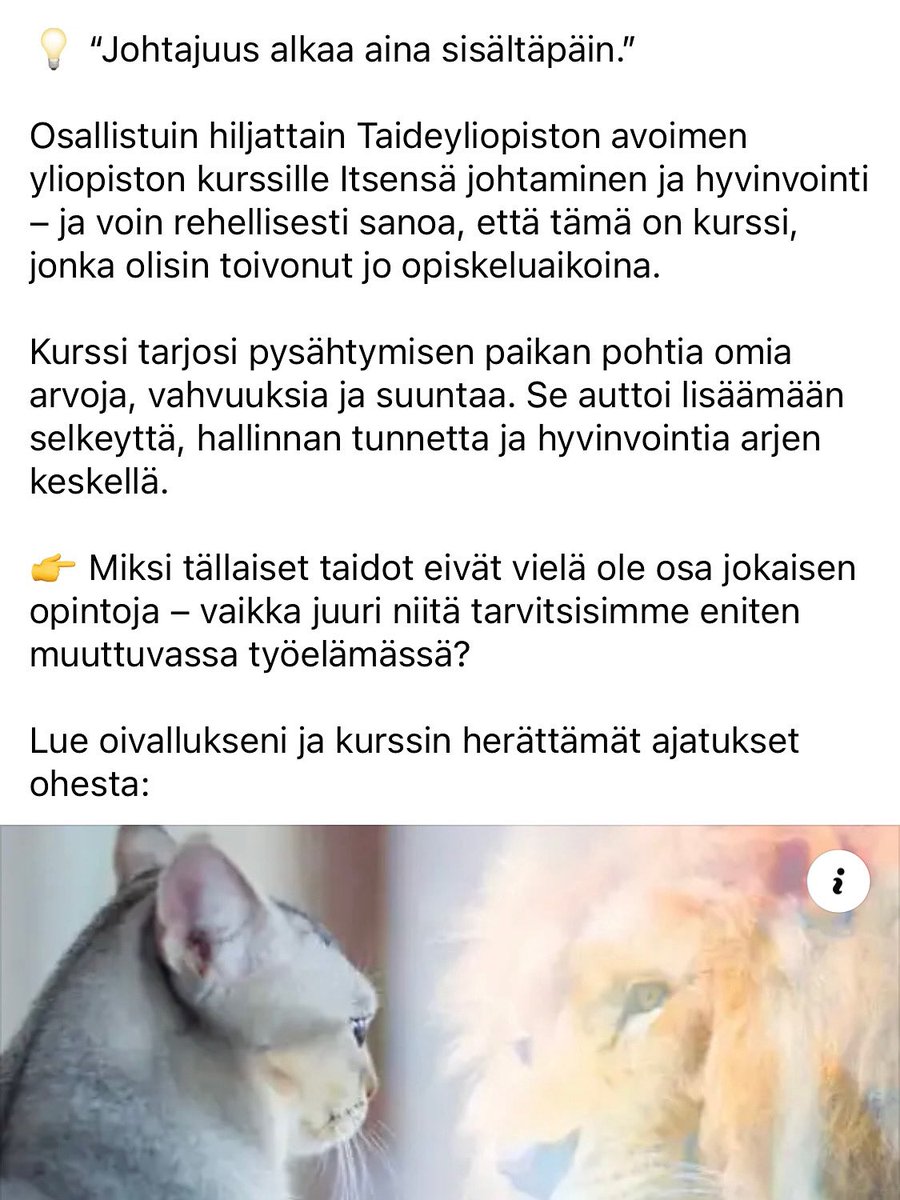 💡”Johtajuus alkaa aina sisältäpäin.” 

Miksei tällaista opeteta enempää aikana, jolloin itsensä tunteminen on keskiössä ja hyvinvointi rapautuu?

Lue lisää LinkedIn artikkelistani: linkedin.com/pulse/itsens%C…