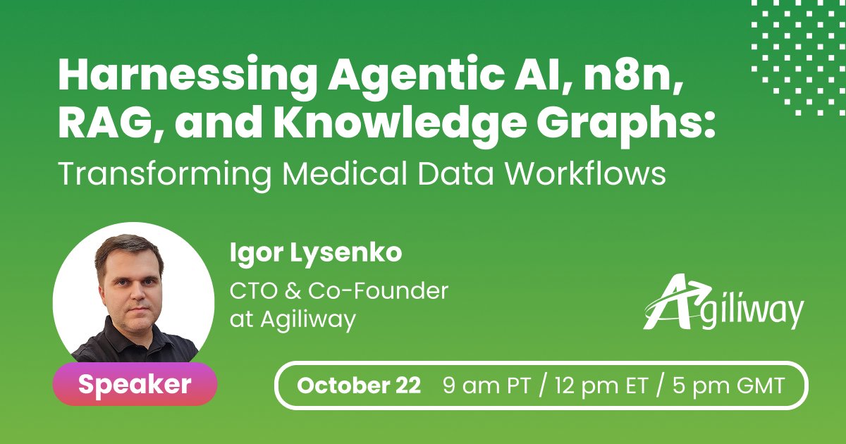The future of healthcare data management lies in intelligent automation. Join us to discover how Agentic AI, n8n, RAG, and Knowledge Graphs can work together to revolutionize how medical data is processed, analyzed, and shared. REGISTRATION - eventbrite.com/e/transforming…

#webinar