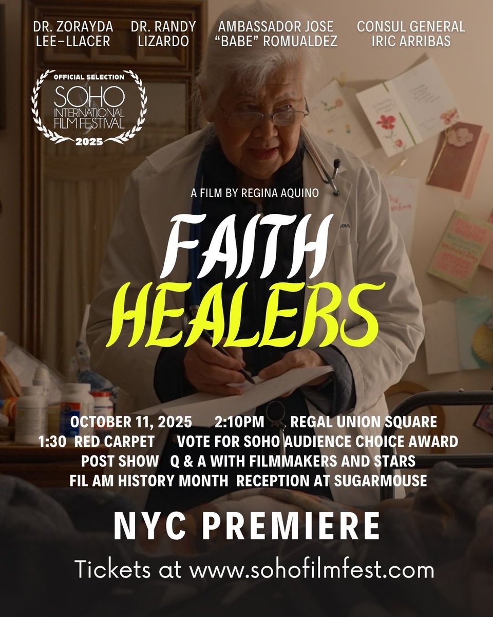 tayohelp's tweet image. #PartnerEvent: FAITH HEALERS is the untold history of Filipino doctors who left their homeland to care for Americans. 
NYC PREMIERE at the SOHO International Film Festival:
October 11, 2025, 2:10pm at the Regal Union Square, 850 Broadway New York
Tickets:
sohofilmfest.eventive.org/schedule/68be1…