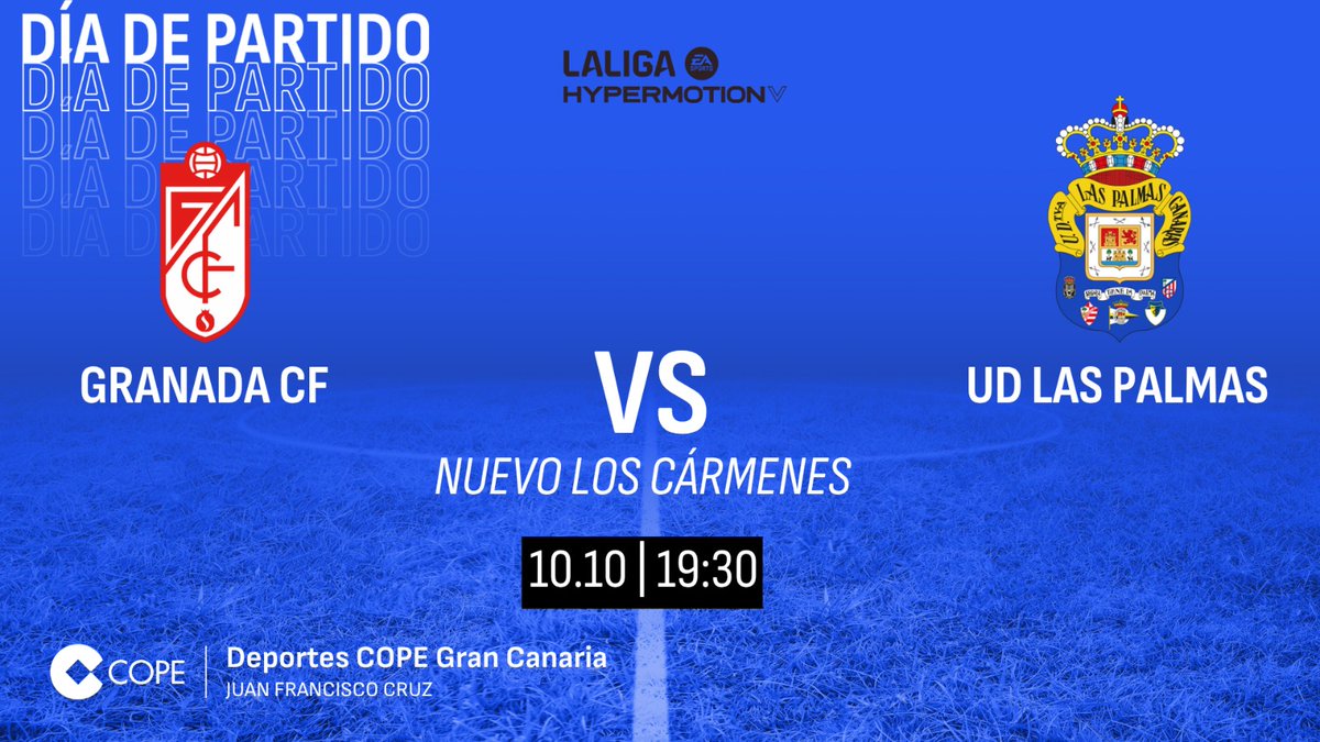 🟡🔵 ¡Este viernes hay fútbol! 

⚽ <a href="/GranadaCF/">Granada CF ❤️⚪️</a>
⚽ <a href="/UDLP_Oficial/">UD Las Palmas</a>

🕒19.30 horas en <a href="/CopeCanarias/">COPE Canarias</a>  
  
🎙️<a href="/juanfrancruzcar/">Juan Francisco Cruz</a>
🎙️<a href="/DoramasRguez/">Doramas Rodríguez</a>
 
🎤 <a href="/javi_sanchez_p/">javi sanchez</a>
🎤 <a href="/tiferanvalido/">tiferan valido barri</a>
🎤 <a href="/JosemiAlamo/">José Miguel Álamo</a>

📻103.0 102.9 (sur) 98.3 (Lanz)
💻 cope.es/emisoras/canar…