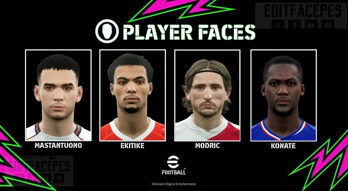 Some of new faces in #eFootball today:
 
🇦🇷Mastantuono
🇫🇷Ekitike
🇭🇷Modric
🇫🇷Konate 

#NewFacesbyEditfacePes