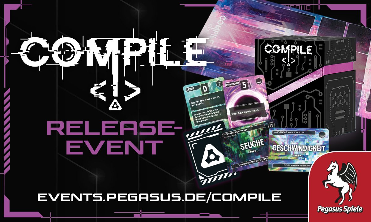 Bereits vor dem offiziellen Release könnt ihr unsere Herbst-Neuheit COMPILE selbst erleben! Vom 11. bis 19.10. habt ihr die Chance in ausgewählten Spieleläden, das Kartenspiel kennenzulernen und sogar direkt mitzunehmen!

Mehr Infos auf: events.pegasus.de/compile
