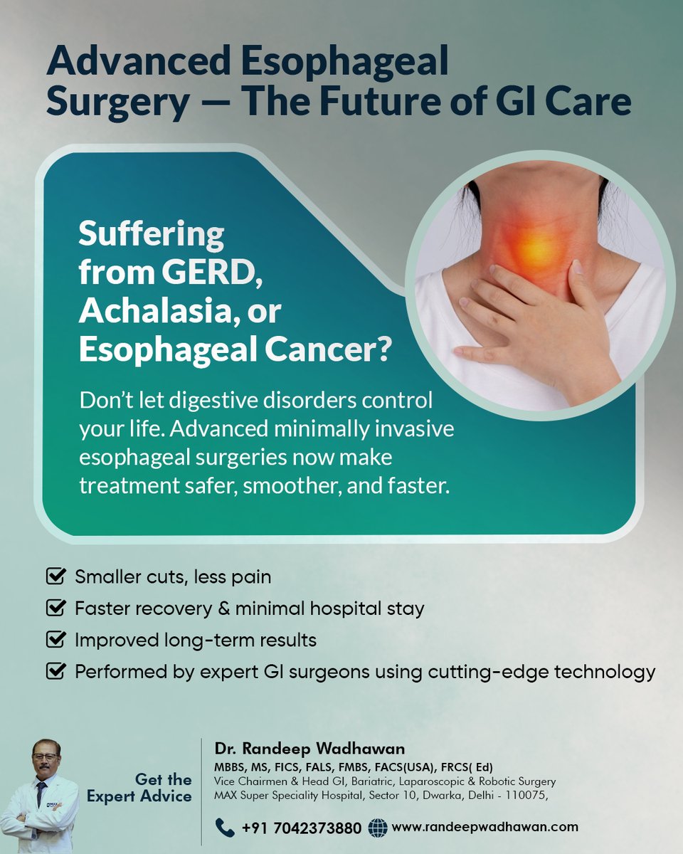 randeepwadhwan's tweet image. Suffering from GERD, Achalasia, or Esophageal Cancer? Get expert surgery with faster recovery &amp;amp; long-term relief!

📞 +91 7042373880
🌐 randeepwadhawan.com

#GERDRelief #GIHealth #EsophagealSurgery #MinimallyInvasive