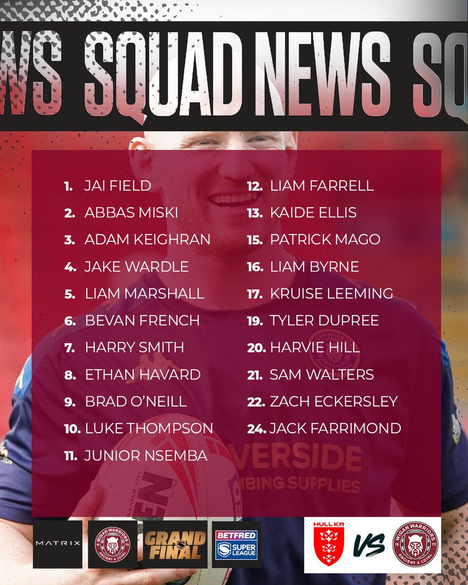 📋 𝗦𝗾𝘂𝗮𝗱 𝗡𝗲𝘄𝘀 

Matt Peet has named his squad for Saturday's Betfred <a href="/SuperLeague/">Betfred Super League</a> Grand Final against Hull KR!

Full squad news 👉 wwrl.net/SquadGF

Matrix Fitness | #WWRL #GrandFinal
