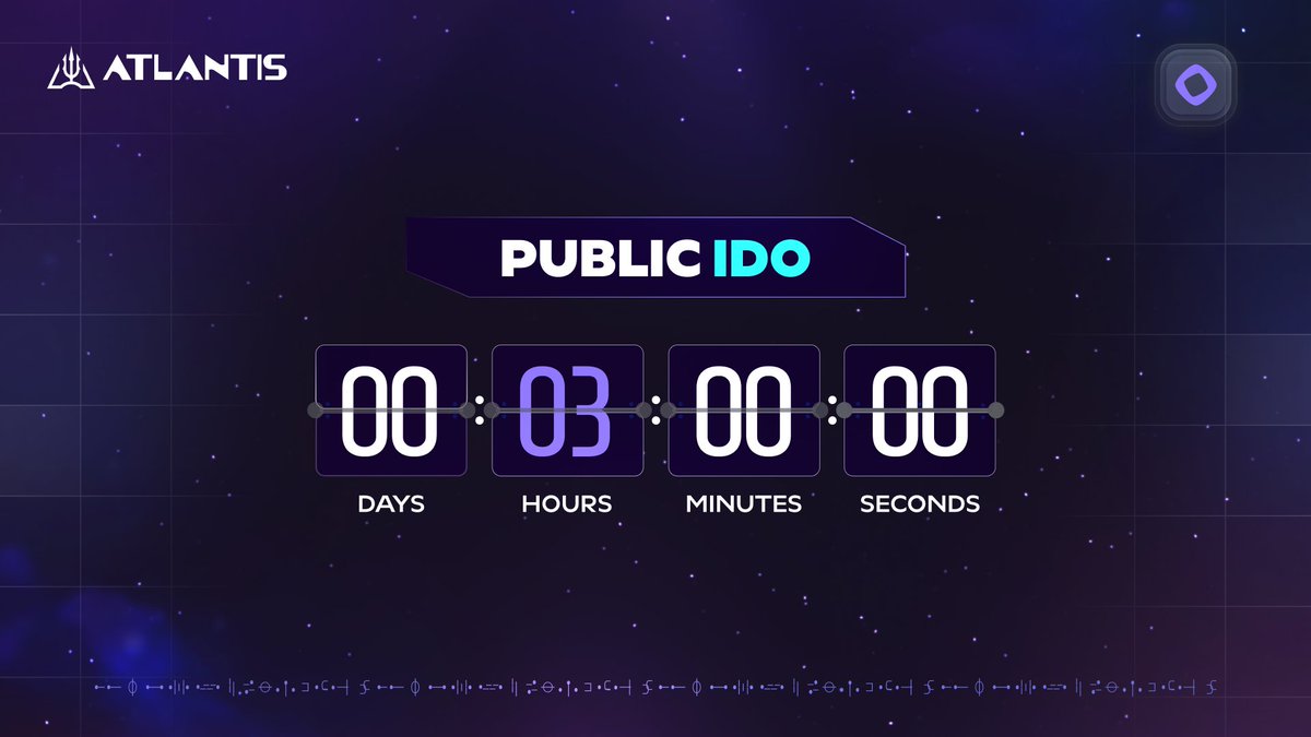 ⏳ 3 hours until the $ATL Public IDO launches.

Final checks.
Final preparations.
The rise is near. 👁️

🔱 app.atlantisdex.xyz/ido