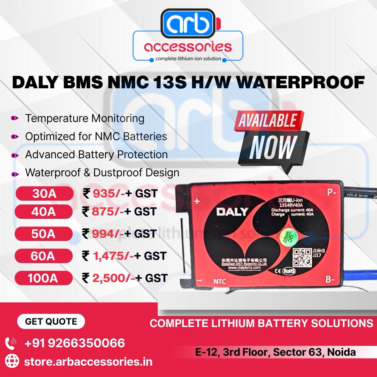 arb_ltd's tweet photo. ⚡ DALY Waterproof BMS – Reliable Protection for NMC Batteries ⚡

✨10S BMS 20A, 30A, 40A
✨13S BMS 30A, 40A, 50A, 60A, 100A
✨14S BMS 40A, 50A, 100A

🛒 Buy Now: https://t.co/LPgt5tk3vm

#Arbaccessories #DALYBMS #EVBattery #BMSProtection #WaterproofBMS #LithiumBattery #EVParts https://t.co/k1ZNFcv00z