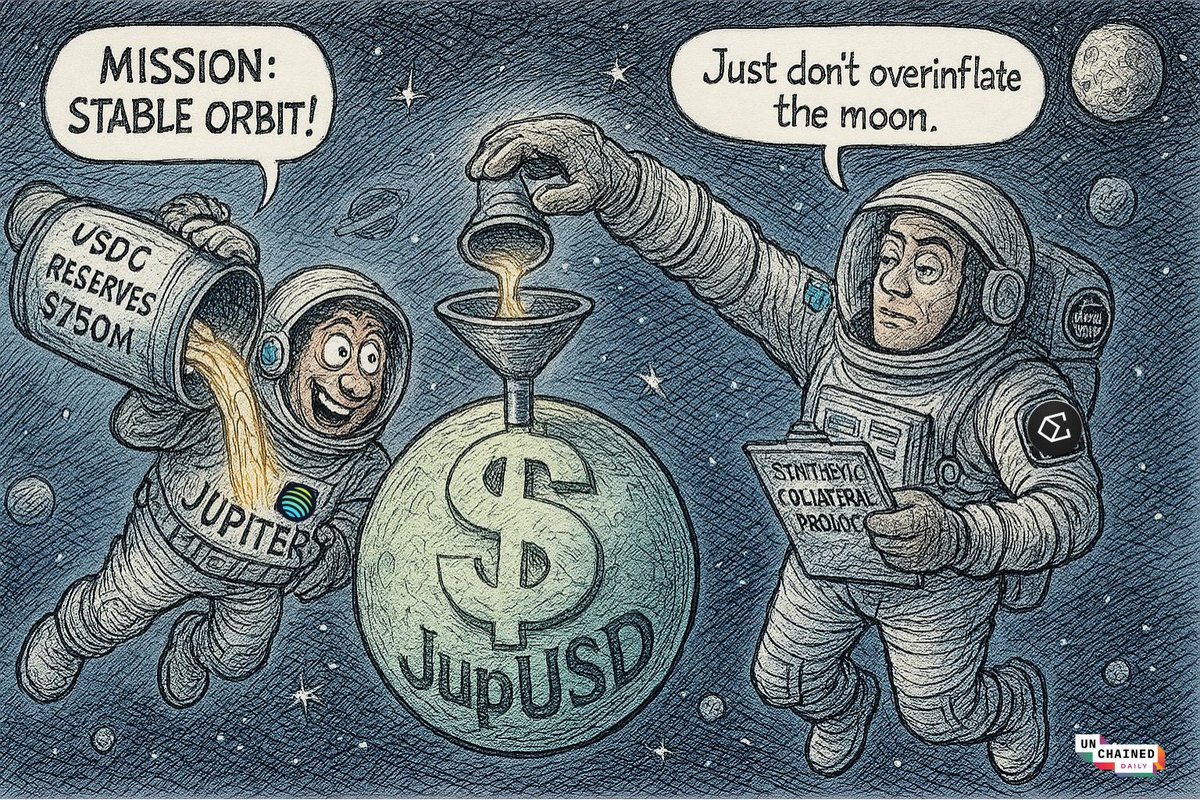 Cartoon illustration of astronauts pouring USDC reserves into JupUSD for stable orbit