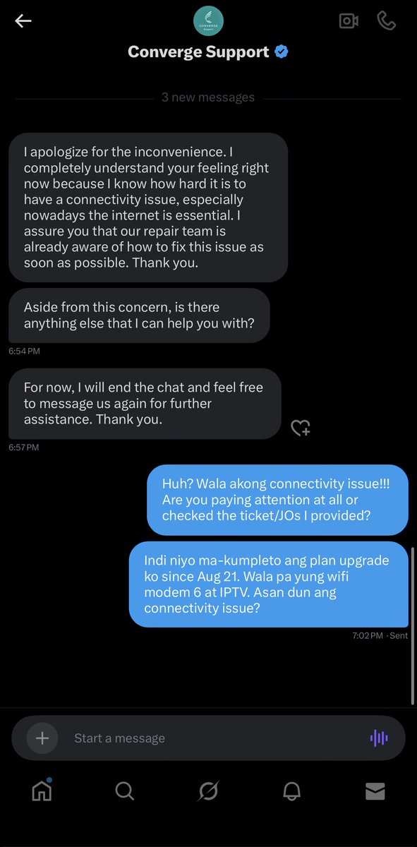 Hoy <a href="/ExperienceCNVRG/">Converge</a> nagkakalat mga ahente niyo!!! Walang mga sense kausap!!! Kaya siguro indi natatapos ung issue eh they keep closing a ticket kahit walang resolution then will create a new one. Sablay <a href="/ConvergeSupport/">Converge Support</a>