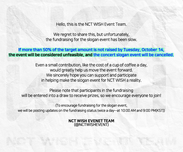 NCTWISHEVENT's tweet image. 안녕하세요, NCT WISH 이벤트팀입니다.

현재 슬로건 이벤트 진행비 모금이 다소 부진하게 진행되고 있어 무산될 수 있는 상황이기 때문에 긴급 공지드리오니 자세한 내용은 이미지를 참고하여 주시고 부디 슬로건 이벤트를 진행할 수 있도록 많은 참여와 도움 주시면 감사하겠습니다!🙏🏻

#NCTWISH…