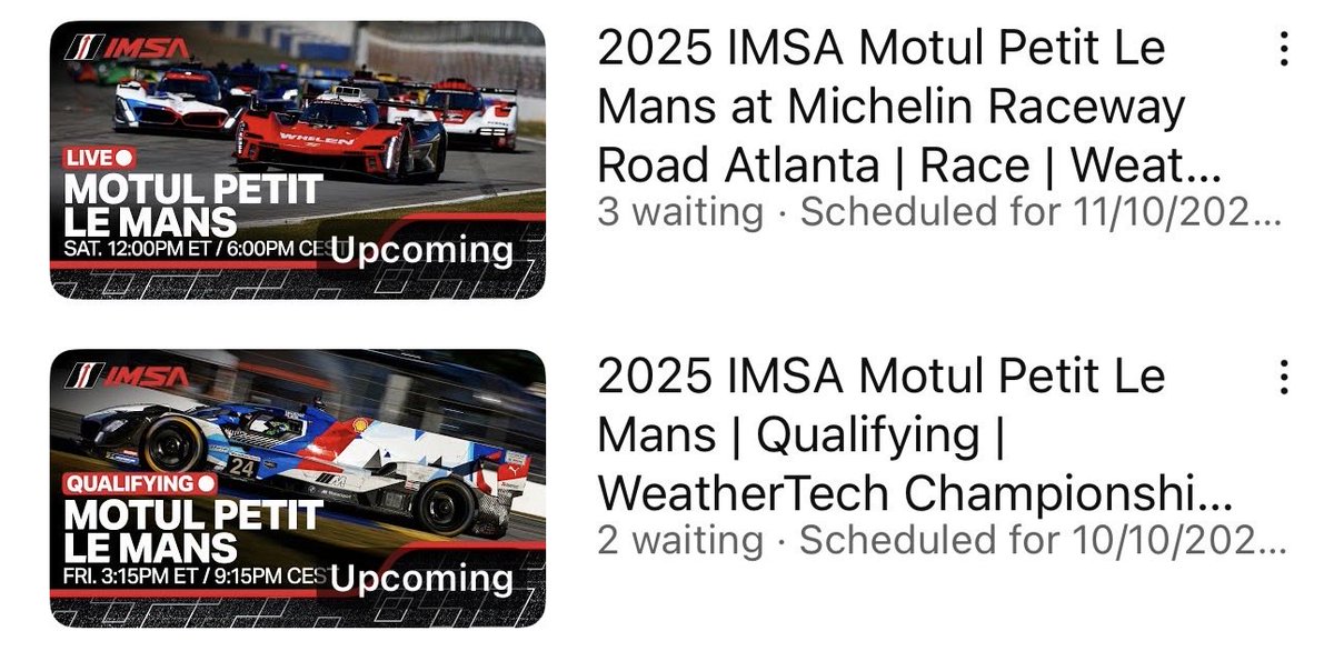 Everything_LMH1's tweet photo. IMSA ON YOUTUBE | 

As per usual, @IMSA will be streaming Motul Petit Le Mans on YouTube this weekend. 

Qualifying will be live at 20:15 BST for those in the UK. The race itself will be live from 17:05 on Saturday. 

These timings will adjust depending on you location. #IMSA https://t.co/hLKGrIbT2b