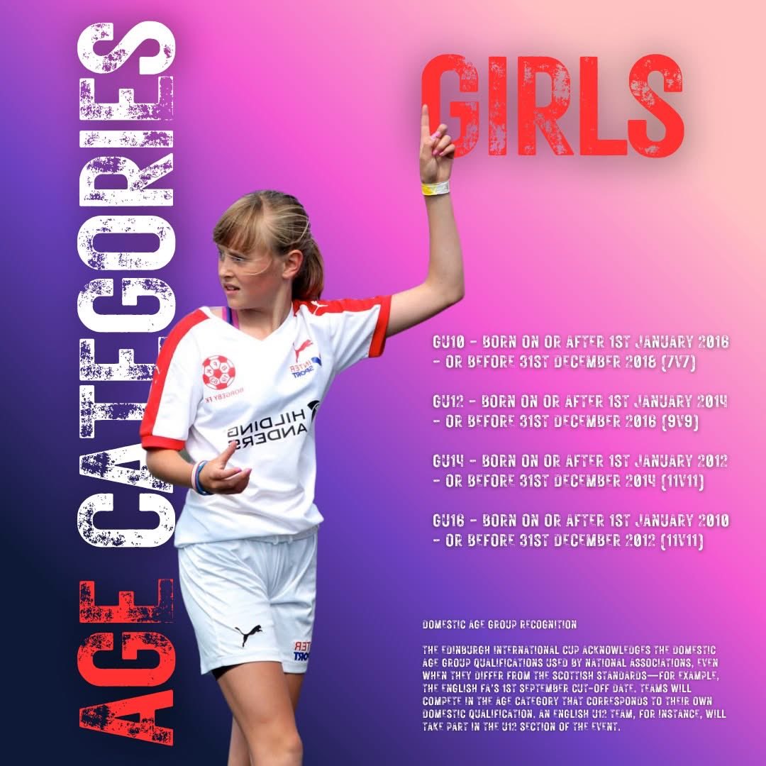 Age Categories 👩👱

Not sure which age group to enter for the Edinburgh International Cup 2026? Here’s a quick guide to help you decide. 

To register, follow the link below - and if you have any questions, please don’t hesitate to get in touch!

reg.cupmanager.net/21857623,en/j/…