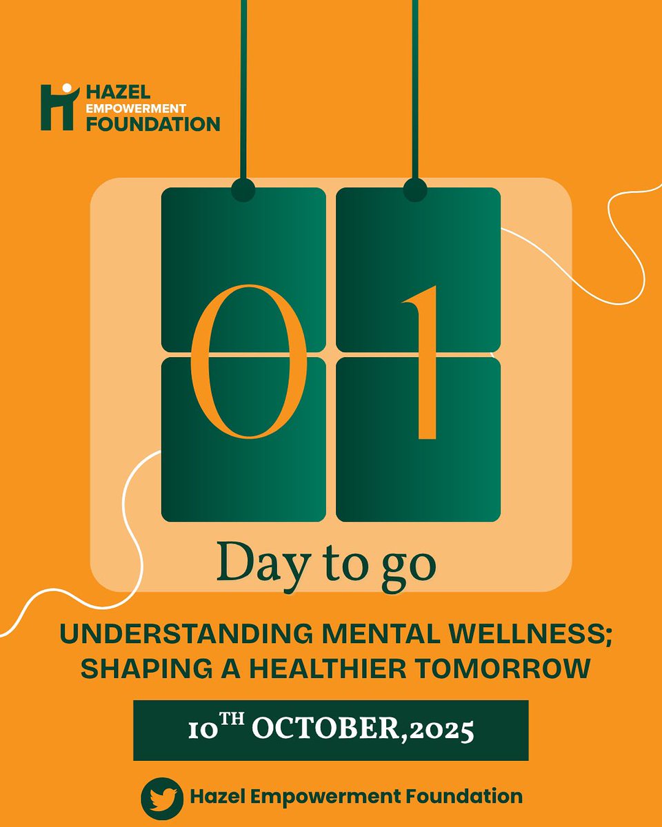 HEF1863245's tweet photo. 1 Day to Go!

Get ready to dive into Understanding Mental Wellness; Shaping a Healthier Tomorrow with Hazel Empowerment Foundation. 🌱

Join the conversation, share your story, and be part of a movement for a healthier mind. 💚

#HallelujahChallenge #worldmentalhealthday #hef https://t.co/mDTcWtk0P1
