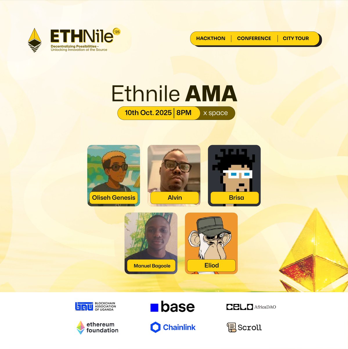 ETHNile_'s tweet image. Hey fam 👋
Tomorrow we’re bringing the #ETHNile2025 vibes to X Space!
🎙️ AMA | Oct 10 | 8:00PM EAT
Come and meet our speakers, learn about the hackathon and what makes @ETHNile_ a defining moment for Africa’s Ethereum ecosystem.
Set a reminder👇 x.com/i/spaces/1gqxv…