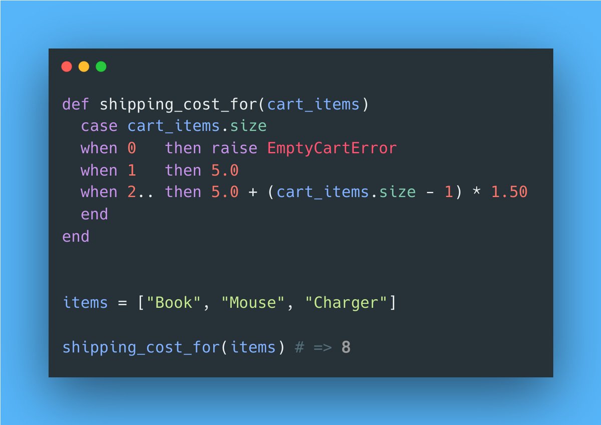 RubyCademy's tweet image. Did you know you can use an infinite range in `case/when` to express &quot;N or more&quot; elegantly? 🤩

#rubyonrails #ruby