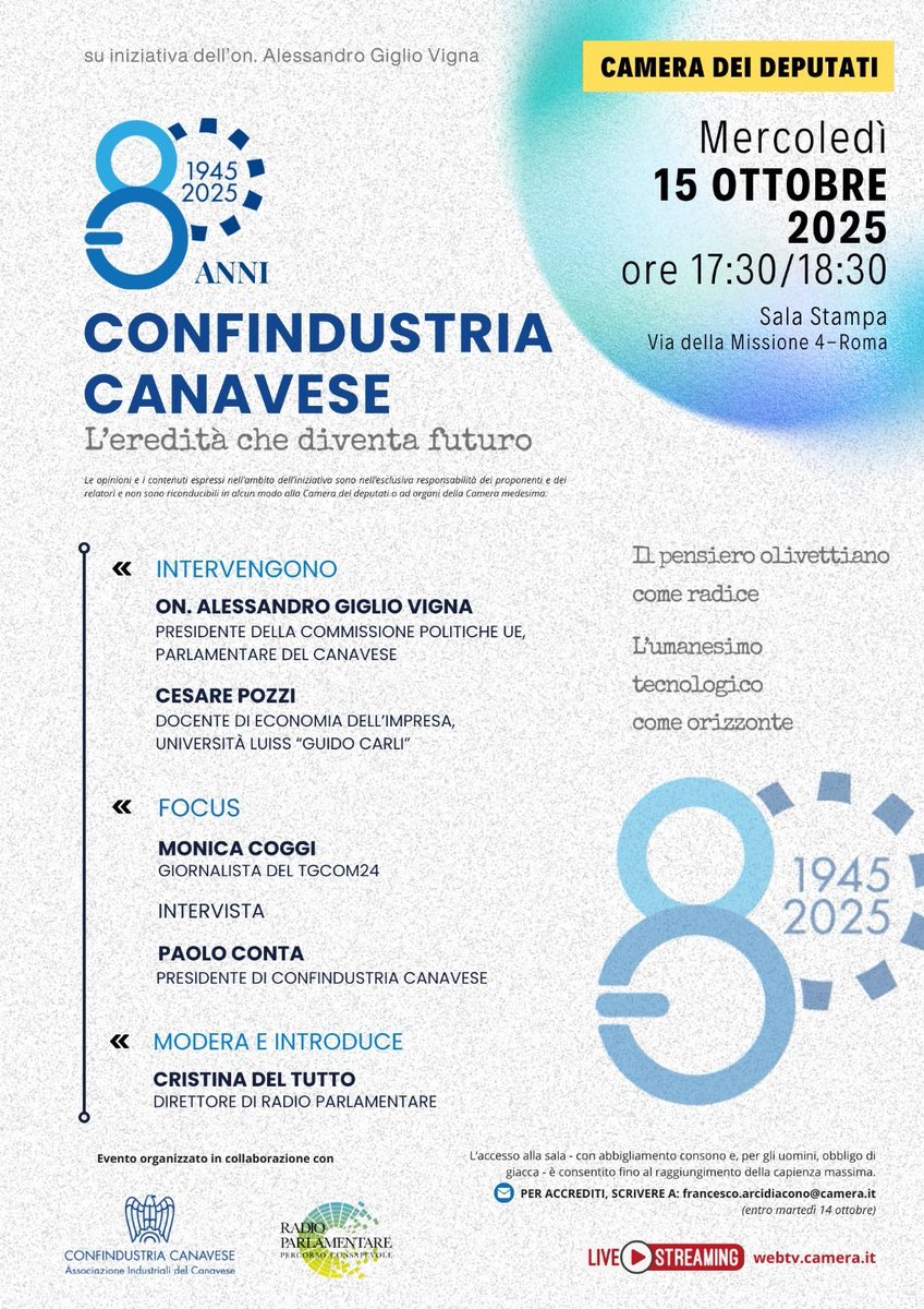 1945-2025: 80 anni di <a href="/ConfindCanavese/">ConfindCanavese</a> 
L’eredità che diventa futuro: con il pensiero olivettiano come radice e l’umanesimo tecnologico come orizzonte. Radio Parlamentare è orgogliosa di essere partner dell’evento. 

Su iniziativa dell' On. <a href="/alevigna980/">Alessandro Giglio Vigna</a>

#ConfindustriaCanavese