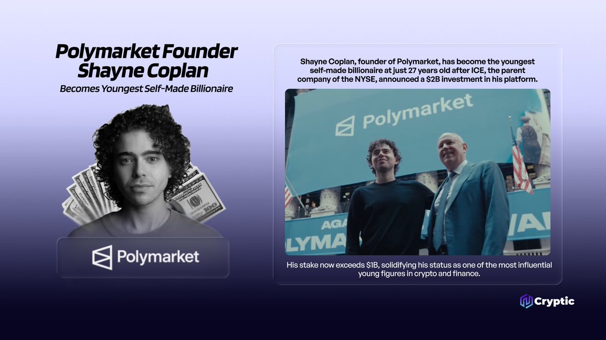 Shayne Coplan, founder of Polymarket, has become the youngest self-made  billionaire at just 27 years old after ICE, the parent company of the NYSE,  announced a $2B investment in his platform. His