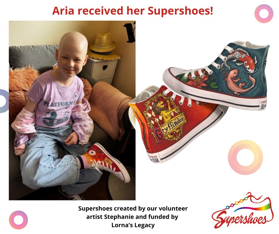 Aria, who is in treatment for neuroblastoma, loves her Supershoes featuring Harry Potter, an axolotl, and a koi carp.  #ChildhoodCancerAwareness #Supershoes