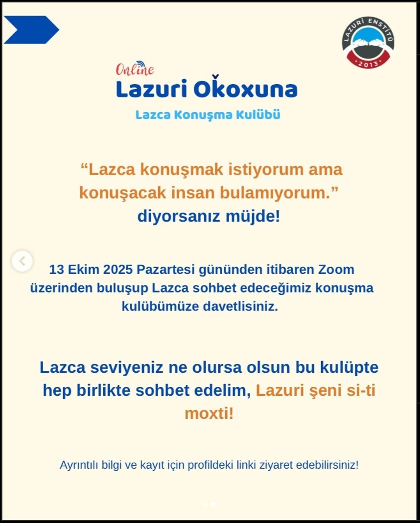 Ar nenas oç̆aruten, oğarğaluten, ok̆itxuten askedinen, emuşeni;

Bir dil yazarak, konuşarak, okuyarak yaşayabilir, onun için;

#Lazca #Lazurinena 

instagram.com/lazurienstitu?…

docs.google.com/forms/d/e/1FAI…