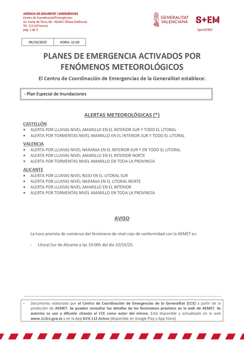 📣 Decretada la alerta ROJA 🔴 por lluvias para mañana, 10 de octubre, a partir de las 10 de la mañana en #Redován y todo el litoral sur de la provincia de #Alicante ⛈️.