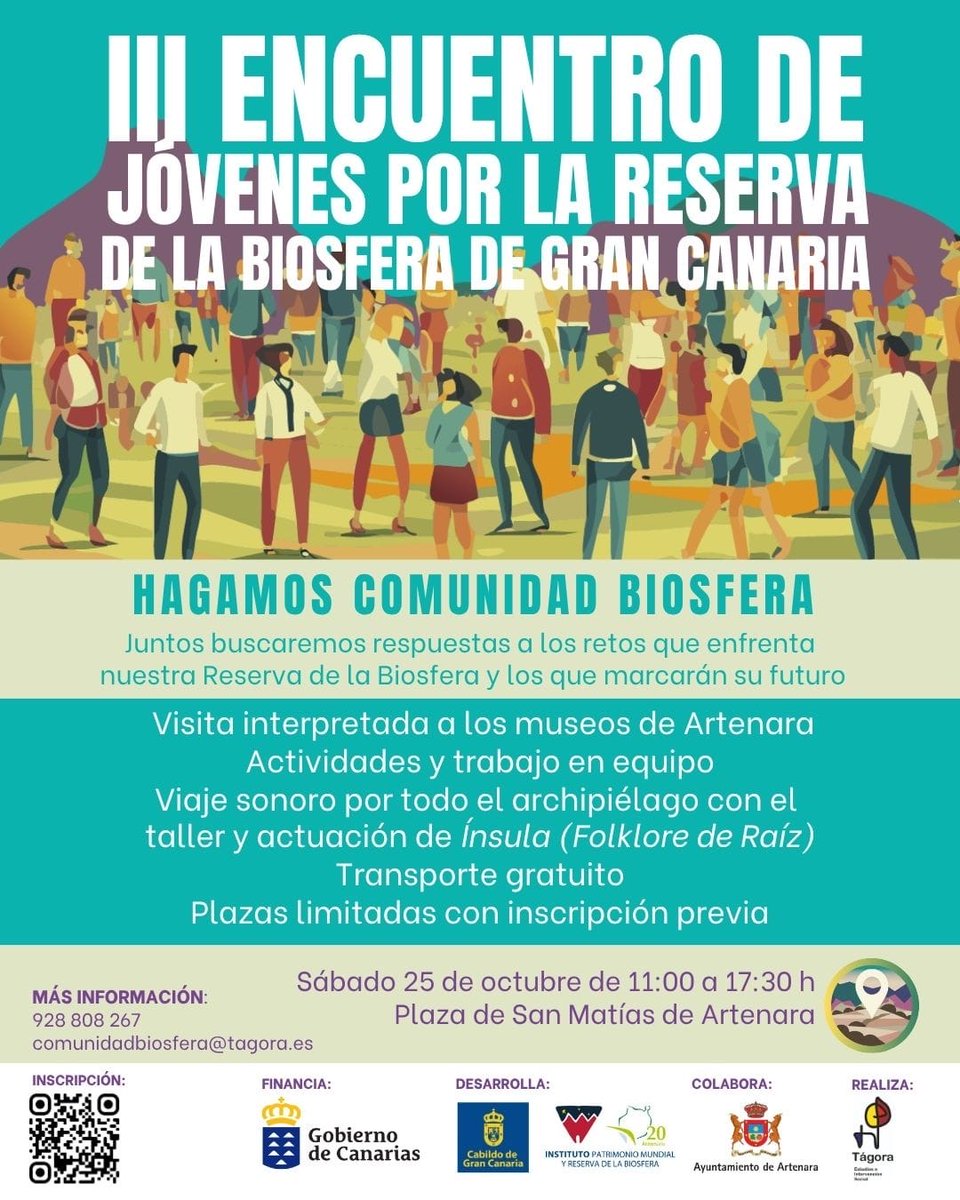 #JóvenesGranCanaria: ¡No falten al III Encuentro por la Reserva de la Biosfera!
🗓 25 oct | 11:00-17:30 | Artenara
Talleres, música, comida local y transporte gratis.
Inscríbete ya 👉 docs.google.com/forms/d/e/1FAI…
¡Construyamos un futuro sostenible!
#GranCanaria #biosferagc #artenara