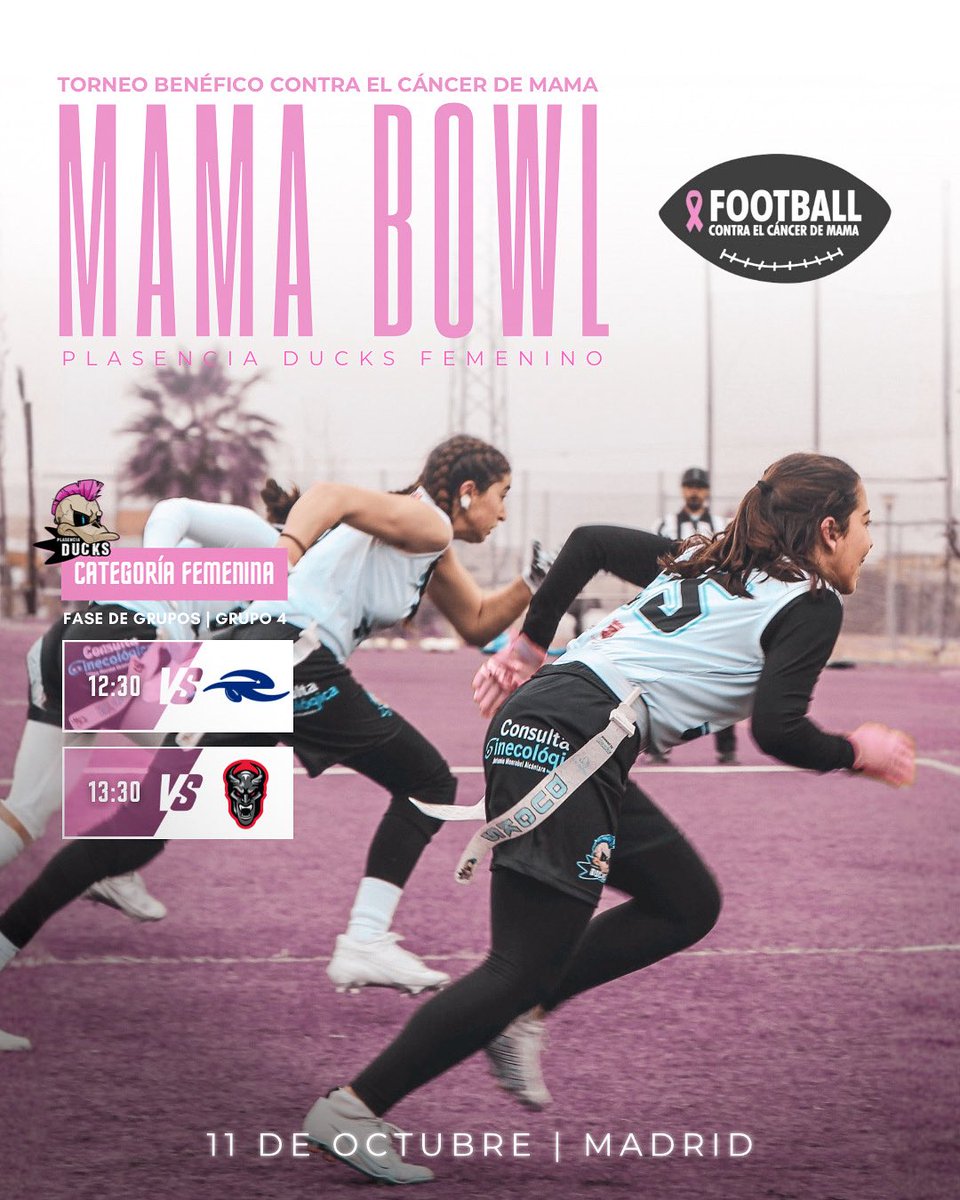 🎀 MAMA BOWL 🏈💗

Ducks Femenino vuelve al campo para la MAMA BOWL. 🙌
Un torneo muy especial donde competimos por una gran causa: la lucha contra el cáncer de mama. 💪🎀

📅 11 DE OCTUBRE
📍 Campo de rugby Los Arbolitos, Madrid

¡Nos vemos en el campo!🏈