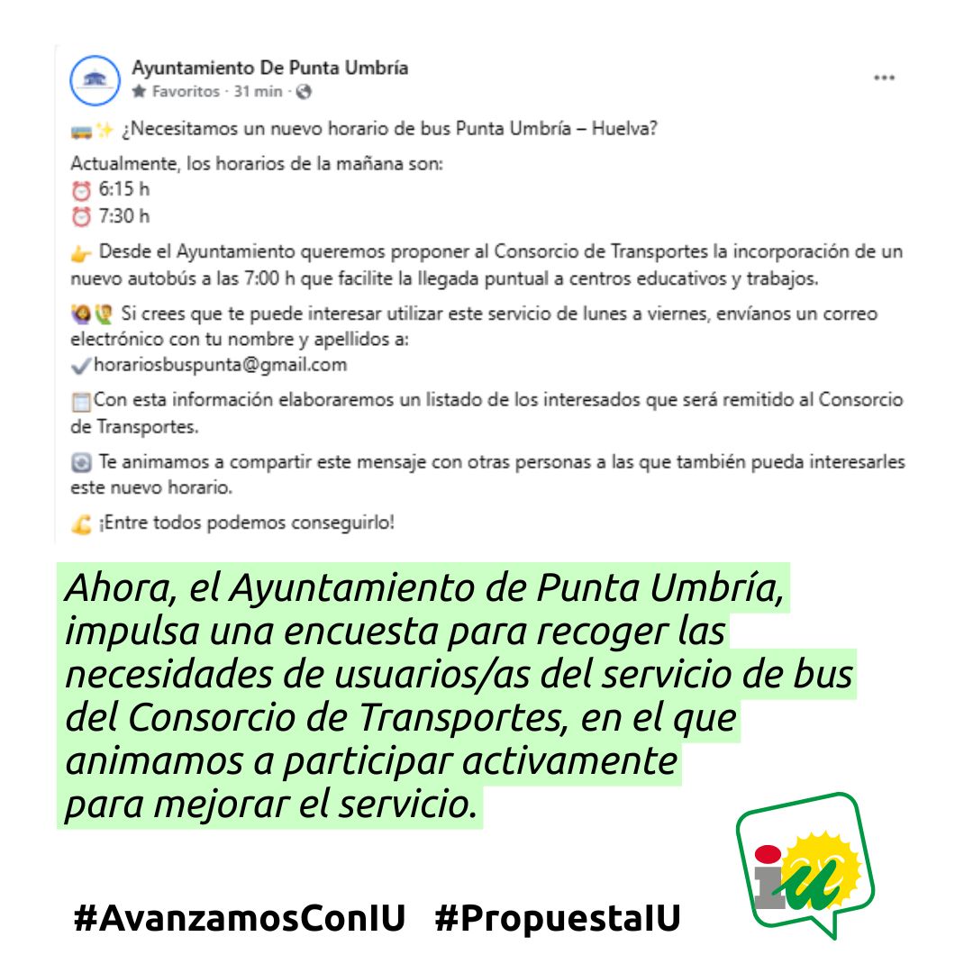 iupuntaumbria's tweet photo. COLABORA EN LA ENCUESTA DEL AYUNTAMIENTO DE PUNTA UMBRÍA PARA MEJORAR EL TRANSPORTE PÚBLICO 📷 https://t.co/qzUVFB77Fm