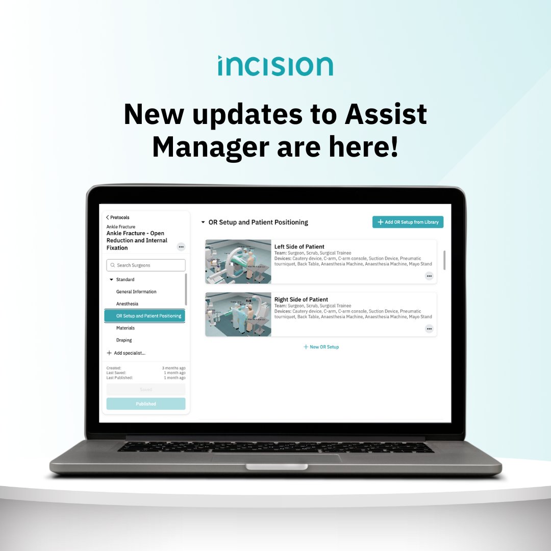 Incisionacademy's tweet image. 🔔 The new version of Incision Assist Manager is here!

Key updates:
🏥 Support for multiple OR rooms in a single protocol 
🗂️ Improved material layout
🧑‍⚕️ Refined surgeon preference listings
🔁 Quick protocol duplication