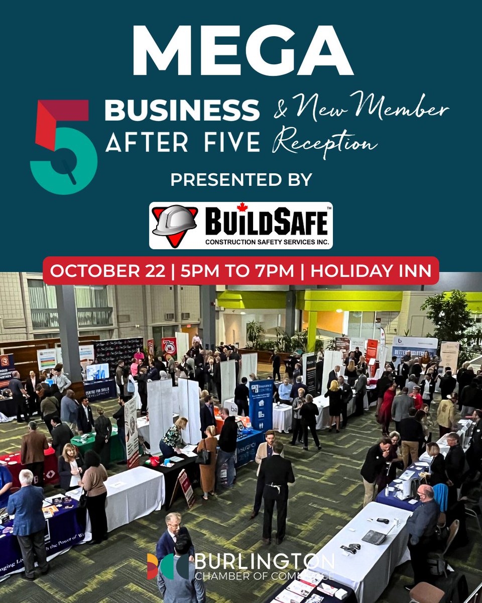 It’s BIG 🎉

On Oct 22 we're hosting our MEGA BA5 + New Member Reception. 

30+ exhibitors, networking, and a live DJ. Don’t miss it ➡️ bit.ly/41TA52W

 #BusinessAfter5 #BA5 #Networking #WhatsOnBurlington #MEGABA5 #NewsMembers