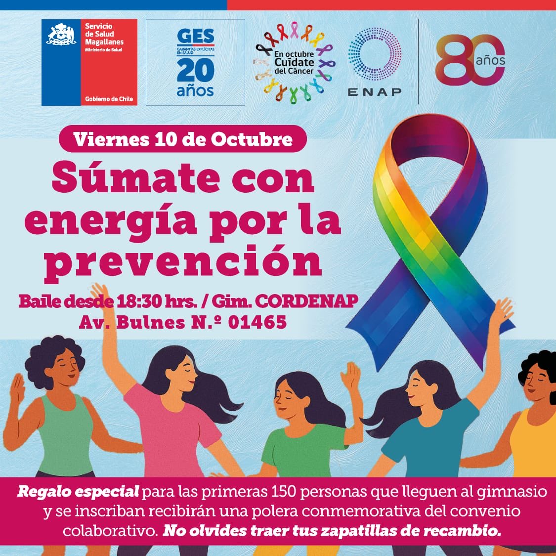 🔴 #MesPrevenciónOncológica Buenos días #Magallanes #Puq 📣📣 Mañana es el día!!! junto a <a href="/Enap_Informa/">Enap</a> #Magallanes te invitamos a “Súmate con Energía por la Prevención”, y ven a bailar desde las 18.30 horas en #CORDENAP para fortalecer factores protectores. Te esperamos!!!
