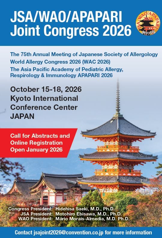 Mark your calendars for the 2026 World Allergy Congress and save the dates 15-18 October for an unforgettable collaboration with the Japanese Society of Allergology (JSA) and the APAPARI in Kyoto, Japan. Registration and the Call for Abstracts will open in January.