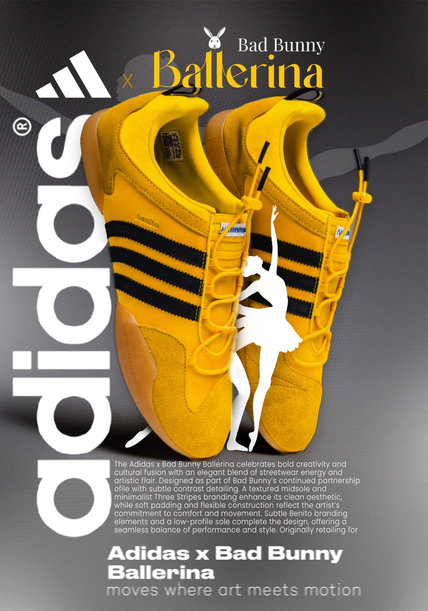 fabi_graphix's tweet image. Day 7 Sneaker Poster : Where rhythm meets elegance  the @adidas x @sanbenito   Bad 🐰Bunny Ballerina 🩰 turns every step into a statement. Photo credit by one and only @ad__sneaks 

#posterdesign  #36DaysSneakerPoster 
#designseries #posterseries