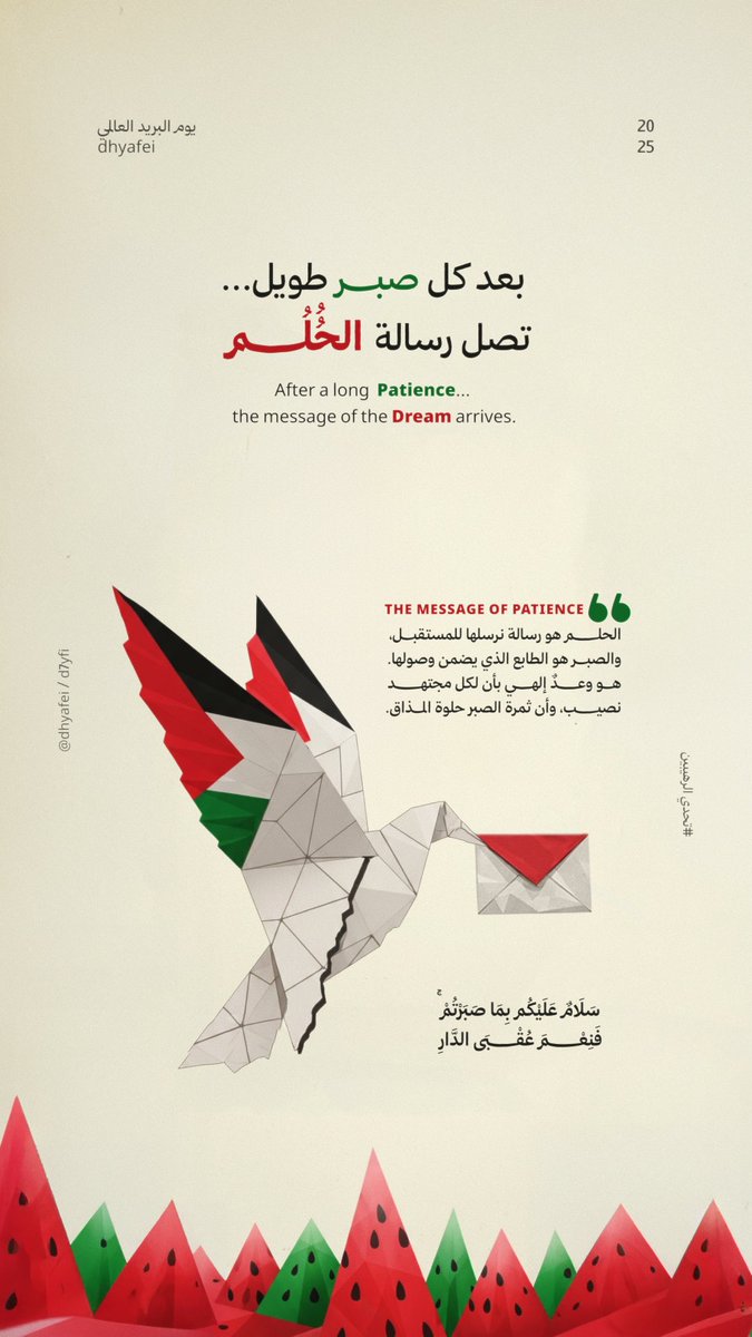اليوم يوم مختلف يجمع مزيج بالمشاعر والتحدي والصبر. 

تحدي اليوم :
دمجت الحلم + صبر + رسالة (يوم البريد العالمي) + خريطة فلسطين في جسم الطائر وغيرها 🫶🏻❤️

القيد: مثلثات تجريدية.

الحمدلله ✌🏻

#تحدي_الرهيبين 

<a href="/aldouhab/">Abdullah Aldouh</a>