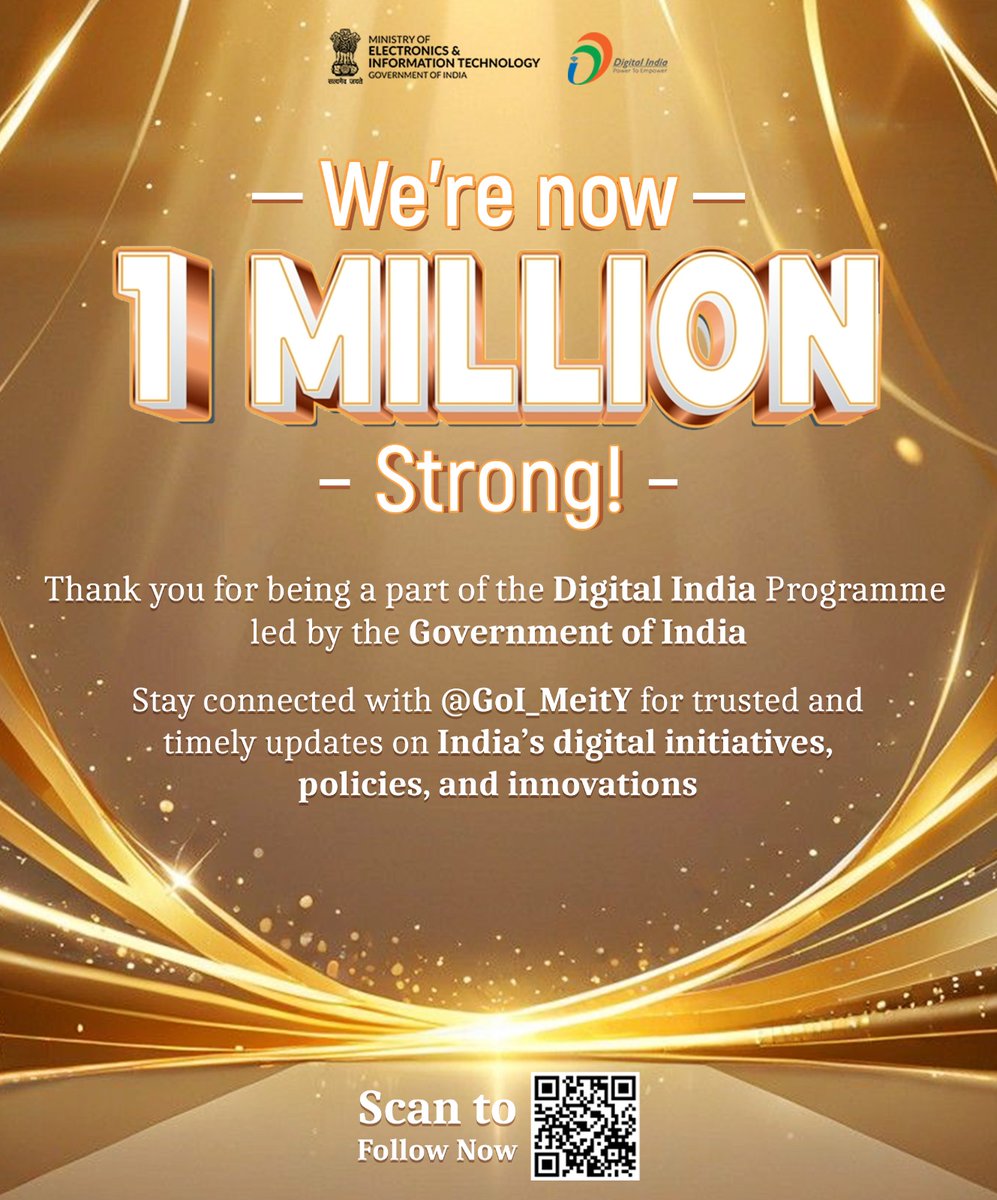 GoI_MeitY's tweet image. A million voices.  A milestone touched.

Thank you for your unwavering trust and support as we continue to drive India&apos;s digital transformation through @GoI_Meity!

#1MillionFollowers #DigitalIndia @AshwiniVaishnaw @JitinPrasada @SecretaryMEITY @abhish18 @amiteshks1