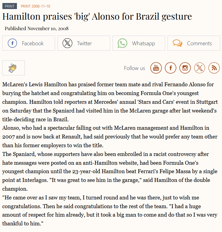 dani_liro's tweet image. 🤝 "Cuando se gana, se celebra. Y cuando se pierde, se felicita al campeón"

Fernando felicitó a Hamilton tras Brasil 2008, además de a toda la gente de McLaren una a una.

Un gesto fuera de cámaras y del que nunca habló. Se conoció gracias a que Lewis lo agradeció públicamente.