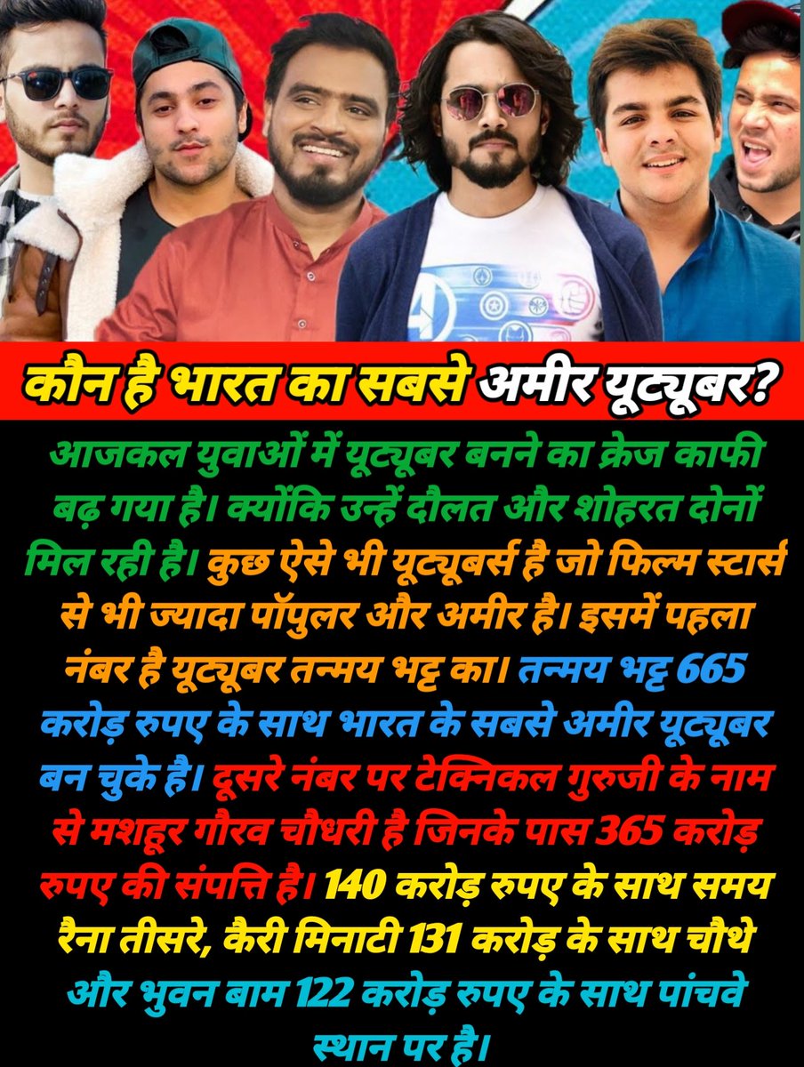 DirectDurgesh's tweet image. कौन है भारत का सबसे अमीर यूट्यूबर?
#youtuber #rich #tanmaybhat #bhuvanbam #technicalguruji #samayraina #carryminate  #entertainment #movie #filmynews #actors #actorslife #bollywood #bollywoodnews #bollywoodgossip  #durgeshpandey #postoftheday #durgeshentertainingadda  #viralpost